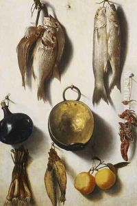 A Trompe LOeil of Fish, Cooking Utensils, Vegetables and Fruit by Vicente Victoria or Vitoria