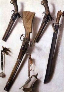 Trompe LOeil with Rifles, Sword and Gunpowder Horn Trompe LOeil with Rifles, Sword and Gunpowder Horn