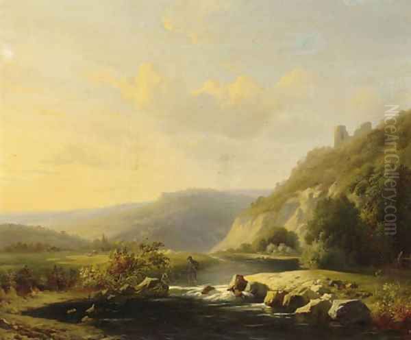 A extensive mountainous river landscape with a shepherd wading through a river - view 1