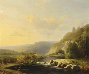 A extensive mountainous river landscape with a shepherd wading through a river by Louis Pierre Verwee