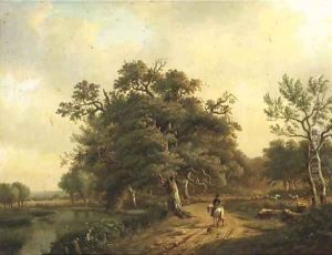 A horseman and his dog on a country lane by Louis Pierre Verwee