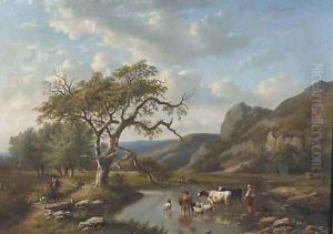Cattle crossing a ford in a valley with travellers on a sandy track nearby by Louis Pierre Verwee