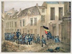 The Rue de Louvain, Brussels, 23rd September 1830, engraved by A.M. Jobard (fl.1820-30)