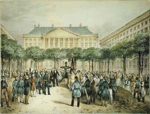 Burial of Revolutionaries in the Place des Martyres de la Liberte, Brussels, 2nd October 1830, engraved by A.M. Jobard (fl.1820-20) - view 1