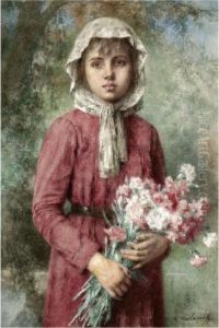 Young Girl With Flowers by Alexei Alexeivich Harlamoff