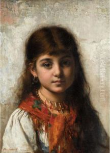 Girl With Coral Necklace And Shawl by Alexei Alexeivich Harlamoff