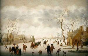 Winter landscape with skaters and colf players by Antoni Verstralen (van Stralen)