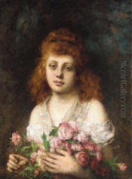 Auburn-haired Beauty With Bouquet Of Roses - view 1