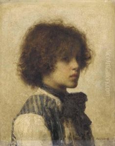 A Young Boy Wearing A Striped Vest by Alexei Alexeivich Harlamoff