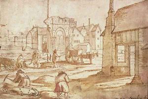 Figures excavating a ruined gothic church by Antoni Verstralen (van Stralen)