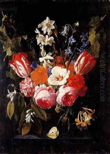 A swag of tulips, peonies, carnations, narcissi and other flowers with a butterfly in a stone niche - view 1