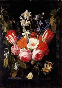 A swag of tulips, peonies, carnations, narcissi and other flowers with a butterfly in a stone niche by Nicolaes van Veerendael