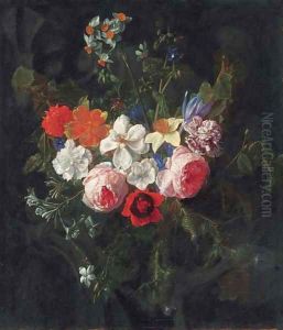 A swag of roses, carnations, narcissi, harebells, thistles, a poppy, a daffodil, a crocus, and other flowers hanging before a stone cartouche A swag of roses, carnations, narcissi, harebells, thistles, a poppy, a daffodil, a crocus, and other flowers hanging before a stone cartouche