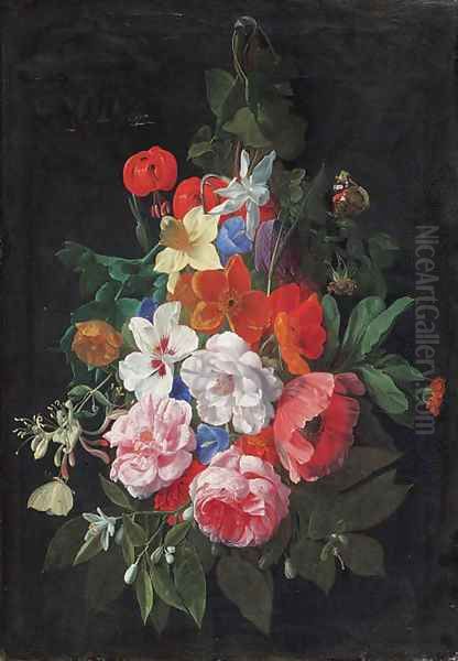 A swag of roses and other flowers hanging from a nail - view 1