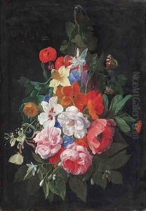 A swag of roses and other flowers hanging from a nail by Nicolaes van Veerendael