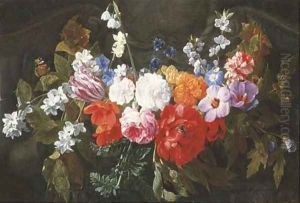 A garland of roses, a peony, a tulip, carnations, gentians and other flowers with a bumble bee and a butterfly