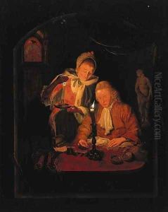 An elegant couple counting money by candlelight, at a stone niche An elegant couple counting money by candlelight, at a stone niche