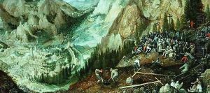 Landscape with Jerusalem, Christ carrying the Cross and preparations on the hill of Calvary by Lucas van Valckenborch