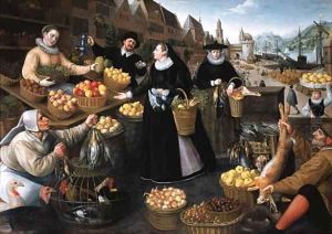 An Allegory of Autumn a fruit and vegetable stall above the Weinmarkt in Frankfurt am Main by Lucas van Valckenborch