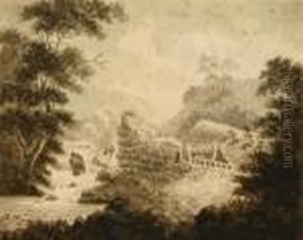 Landscape With Figures Beside A Waterfall Andruins - view 1