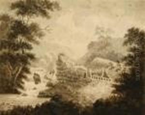 Landscape With Figures Beside A Waterfall Andruins by David I Cox