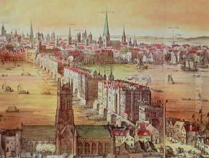 Old London Bridge, detail from Vischers London, 17th century by Nicolaes (Claes) Jansz Visscher