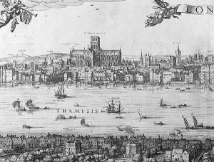 Panorama of London and the Thames, part two showing St. Pauls Cathedral and the Globe Theatre, c. 1600 by Nicolaes (Claes) Jansz Visscher