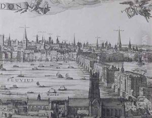 Panorama of London and the Thames, part three showing Southwark, London Bridge and the churches in the City, c.1600 by Nicolaes (Claes) Jansz Visscher