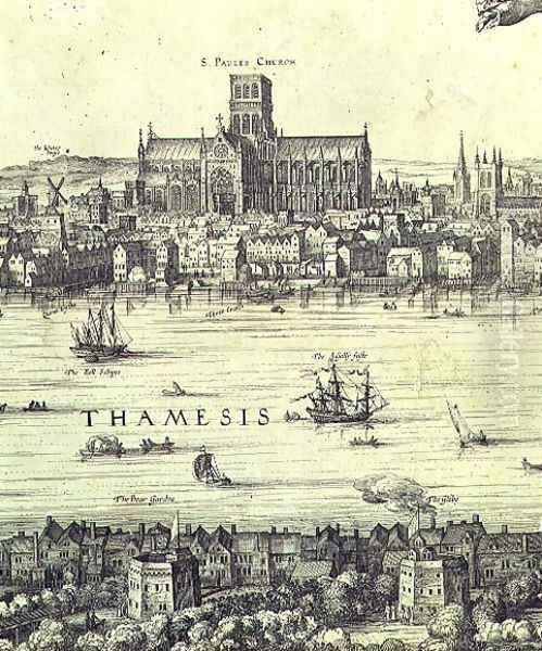 Panorama of London and the Thames, detail from part two showing St. Pauls Cathedral and the Globe Theatre, c.1600 - view 1