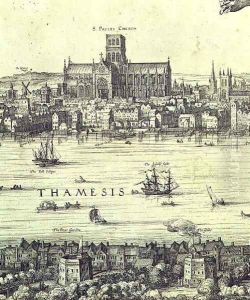 Panorama of London and the Thames, detail from part two showing St. Pauls Cathedral and the Globe Theatre, c.1600 by Nicolaes (Claes) Jansz Visscher