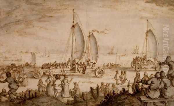 Prins Maurits of Nassau's land yachts on the beach at Scheveningen, c.1614-15 - view 1