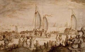 Prins Maurits of Nassau's land yachts on the beach at Scheveningen, c.1614-15