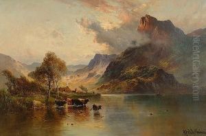 Cattle Watering In A Highland Landscape by Alfred de Breanski