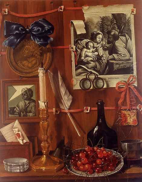 Trompe L'Oeil With A Basket Of Cherries On A Table And Engravings Tacked Up To A Wall - view 1