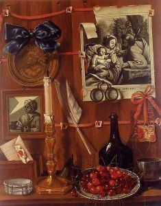 Trompe L'Oeil With A Basket Of Cherries On A Table And Engravings Tacked Up To A Wall by Jean Valette-Falgores