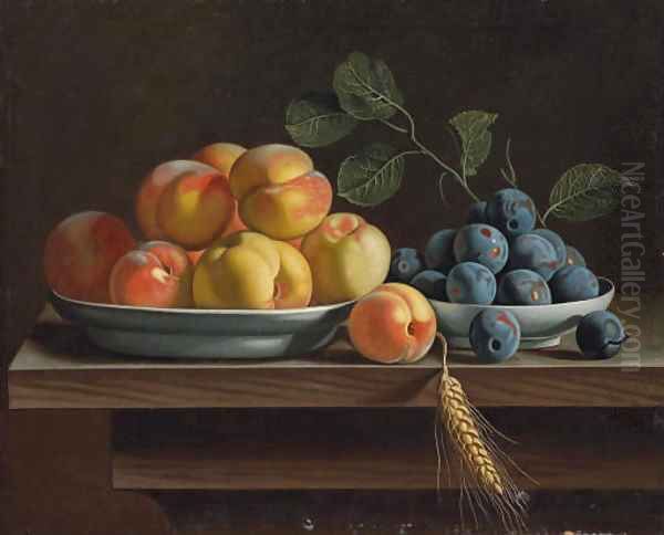 Peaches and plums in white porcelain bowls, with a sheaf of corn on a wooden table - view 1