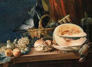 A melon, a bread roll, bunches of grapes, pears and other fruit, chestnuts, a bottle and a basket of dead songbirds on a table by Jean Valette-Falgores