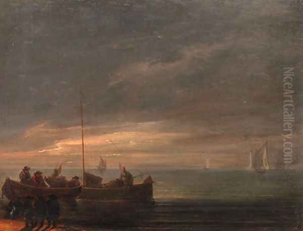 A river estuary with bandits on a shore awaiting the arrival of fishermen in rowing boats, at dawn - view 1