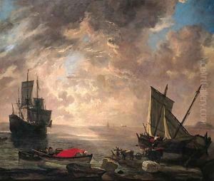 Sailors unloading cargo from a sailing vessel, moored on a Mediterranean shore, with a rowing boat and a three-master beyond, at dawn