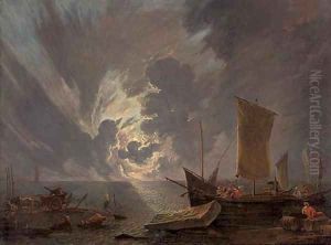 A coastal landscape at sunset with stevedores and shipping