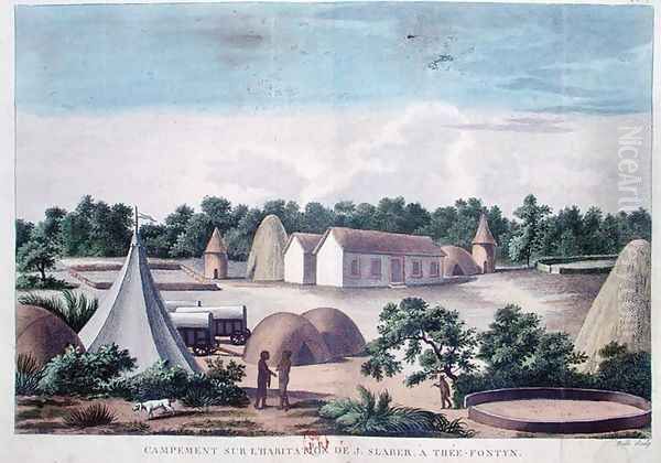 Encampment on the land of J. Slaber at Thee-Fontyn, from Voyages de M. le Vaillant dans l'Interieur de l'Afrique par le Cap de Bonne Esperance, 1780-85, engraved by Hulk, published in 1790 - view 1