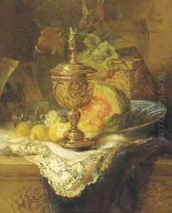 Fruits and a gilt auricular cup and cover on a ledge