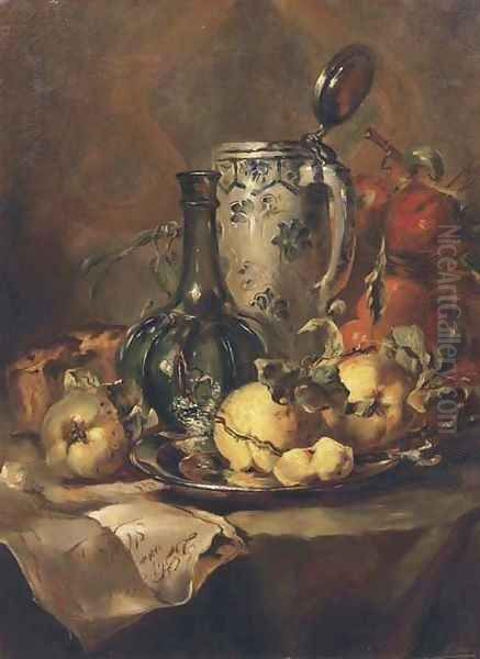 Quince pears on a silver plate with a glass bottle and earthenware tankard - view 1
