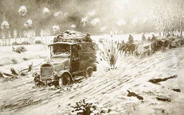 British Transport train making its way under heavy shell fire along the snow-bound Ypres roads - view 1
