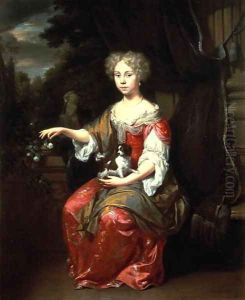 Portrait of a Lady holding her pet King Charles Spaniel by Johannes Verkolje