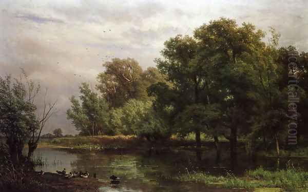 A Wooded River Landscape with Ducks on a Bank - view 1
