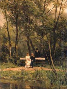 An elegant couple seated on a bench in a park with an attendent standing nearby by Jan Willem Van Borselen