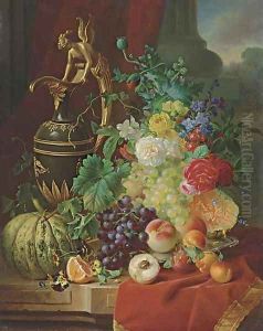 A Still Life with Peaches, Oranges, Melon, Roses and an Ewer on a stone Ledge