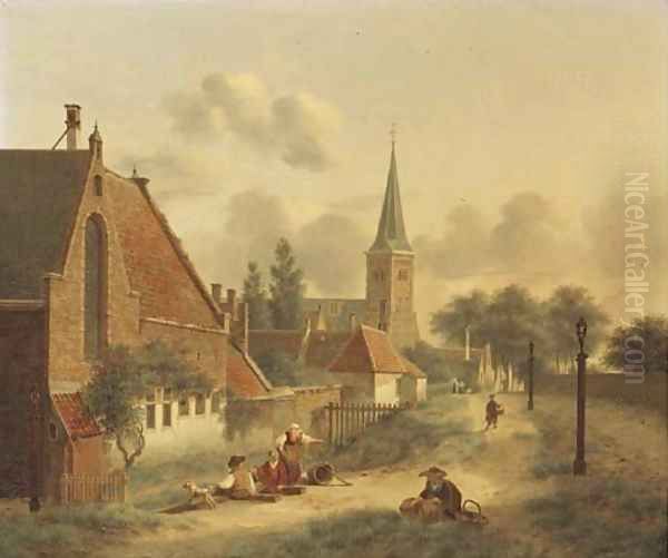 Figures by the city wall of Utrecht, the Geertekerk in the distance - view 1