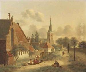 Figures by the city wall of Utrecht, the Geertekerk in the distance